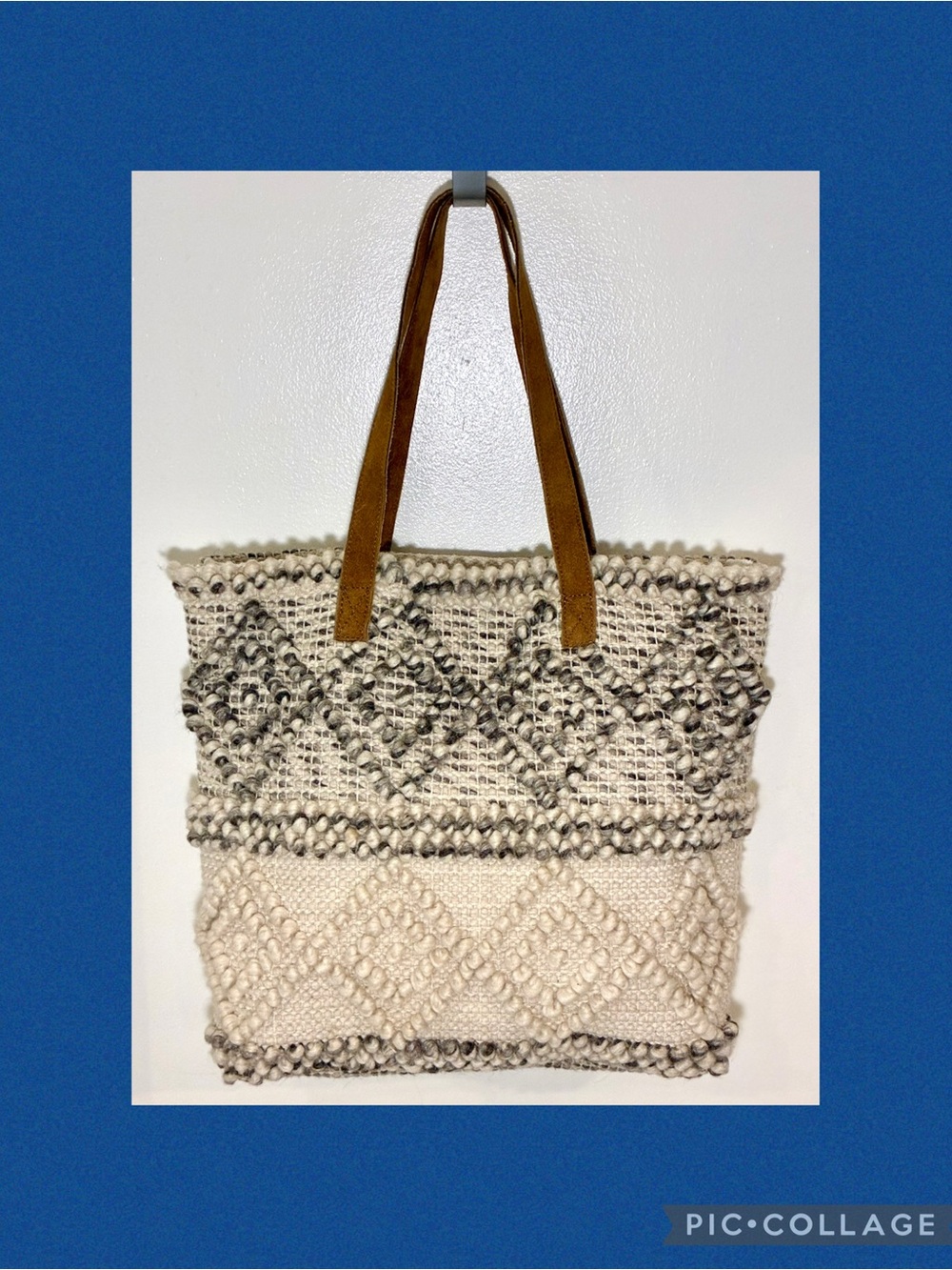 Boho Woven Diamond Pattern Tote Bag with Suede Handles - Cream & Gray